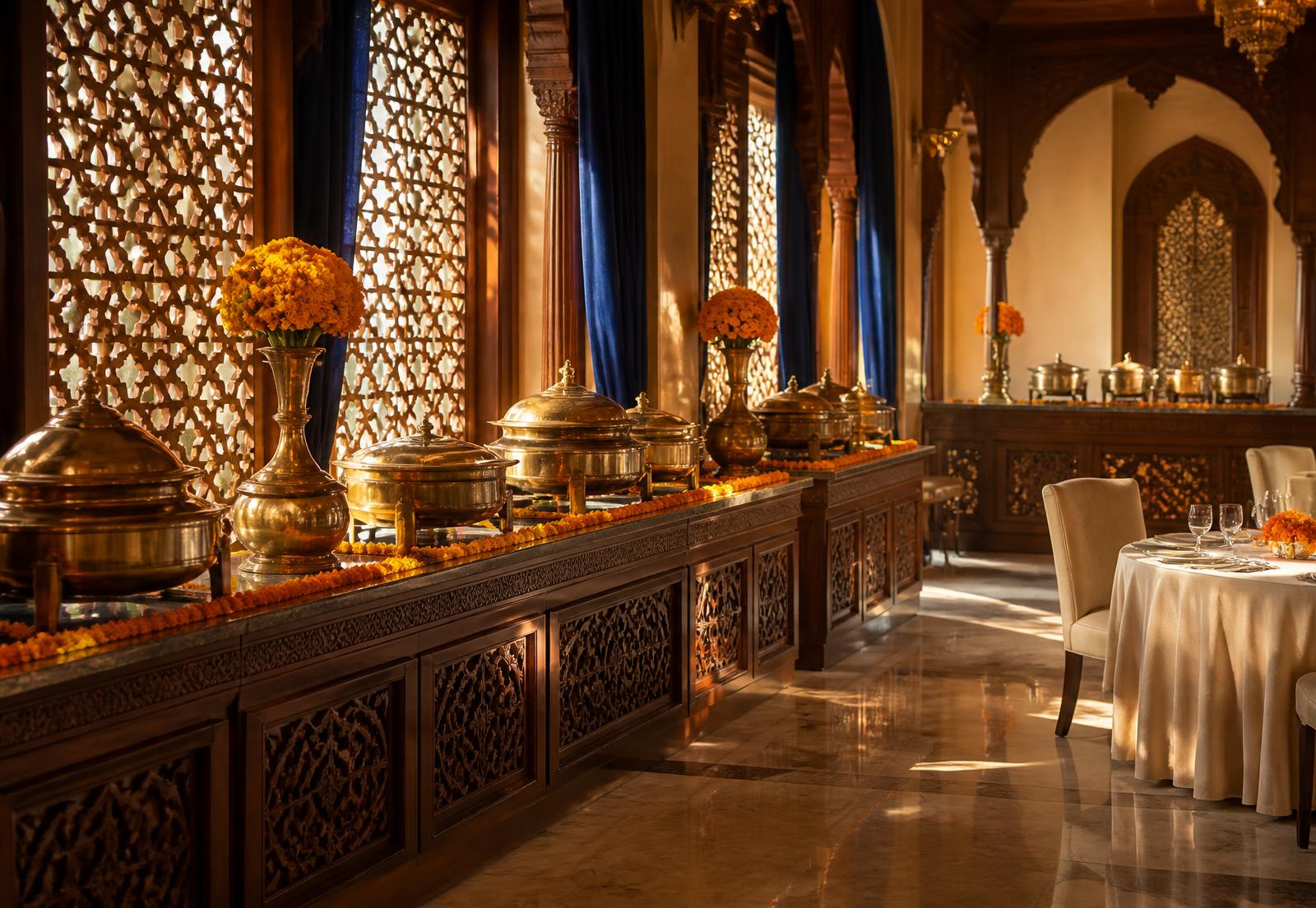 Lamp-lit courtyard of an Indian luxury hotel, laid for banquet service